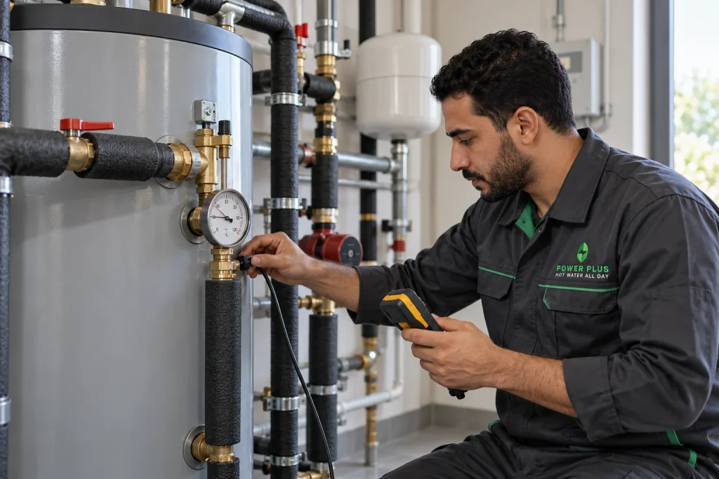 فني Power Plus أثناء تصليح سخانات مركزية في مصر
