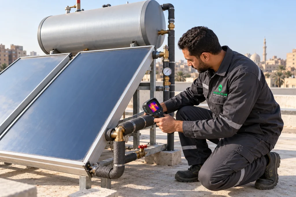 Alt Text: فني Power Plus أثناء صيانة السخان الشمسي وفحص المجمعات