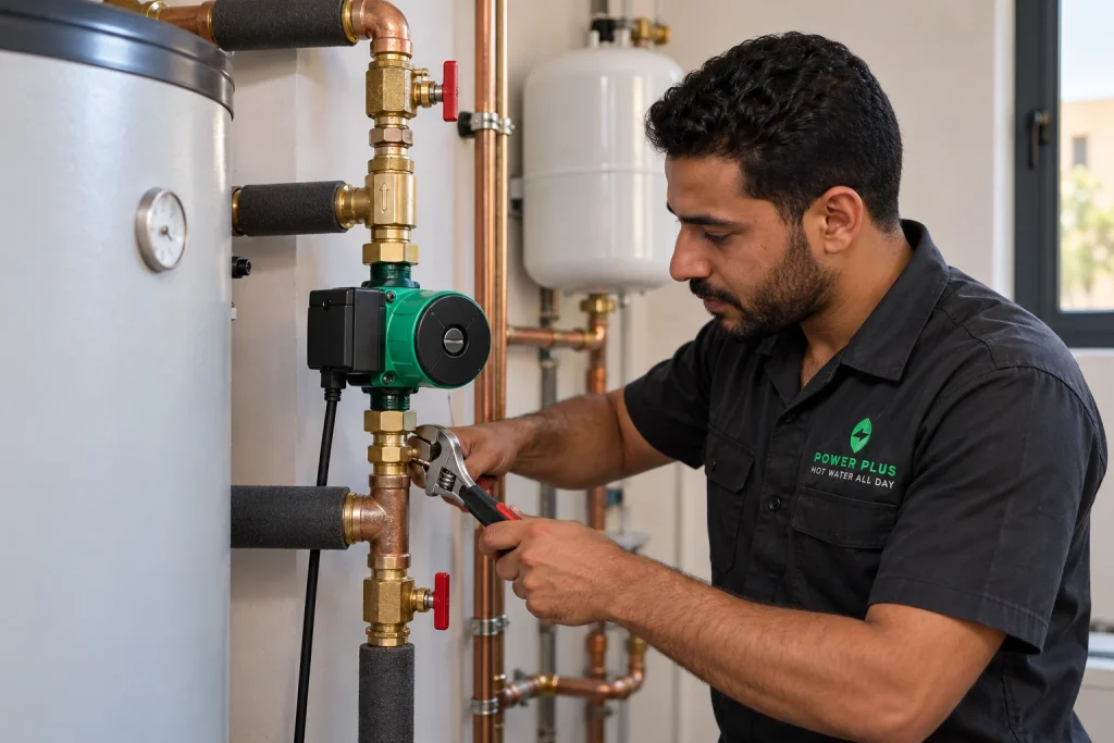 فني Power Plus يركب مضخة تدوير المياه الساخنة
